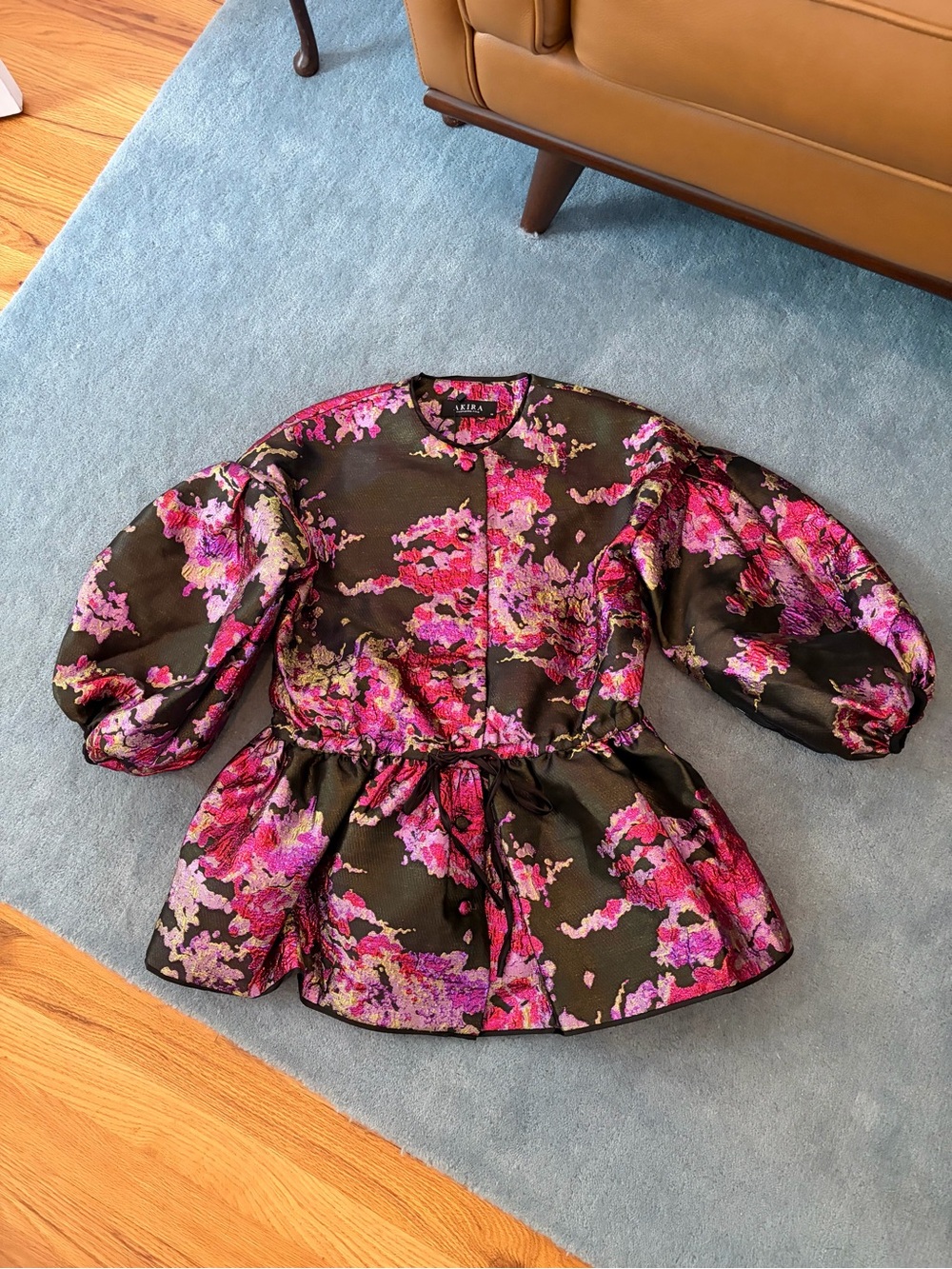Akira black & pink brocade button down blouse, size M